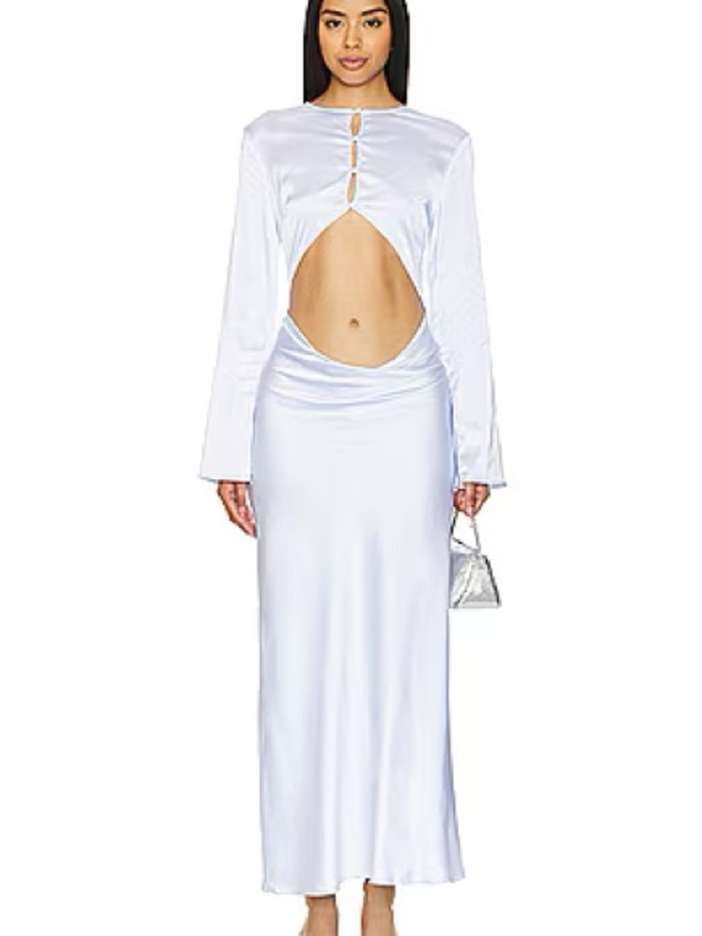 Cutout Satin Long Sleeve Maxi Dress in White